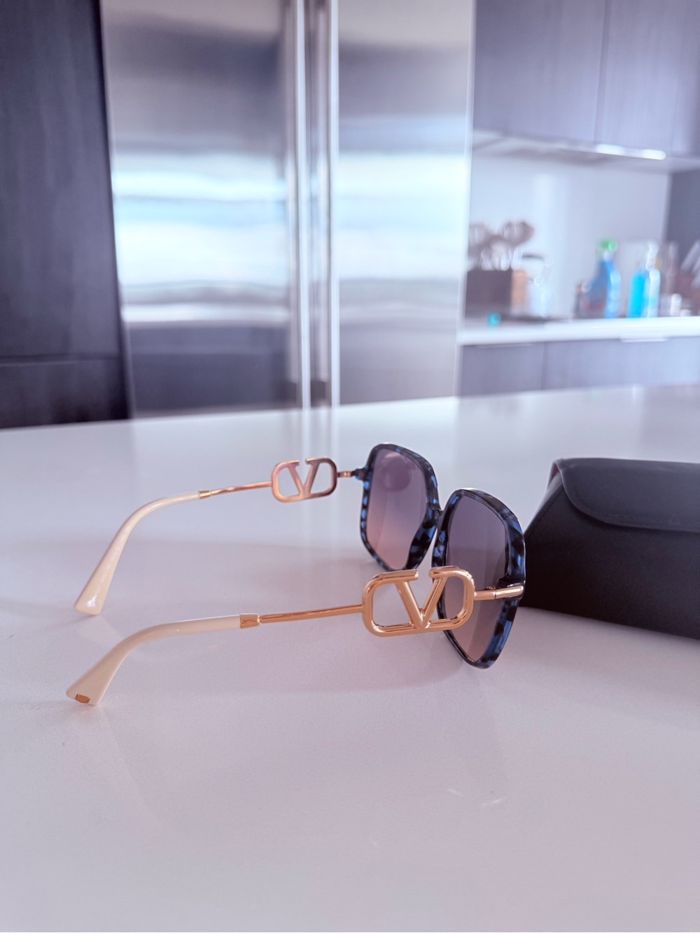 Valentino Women’s Sunglasses - Gold Arms with Blue Tortoiseshell Frames
